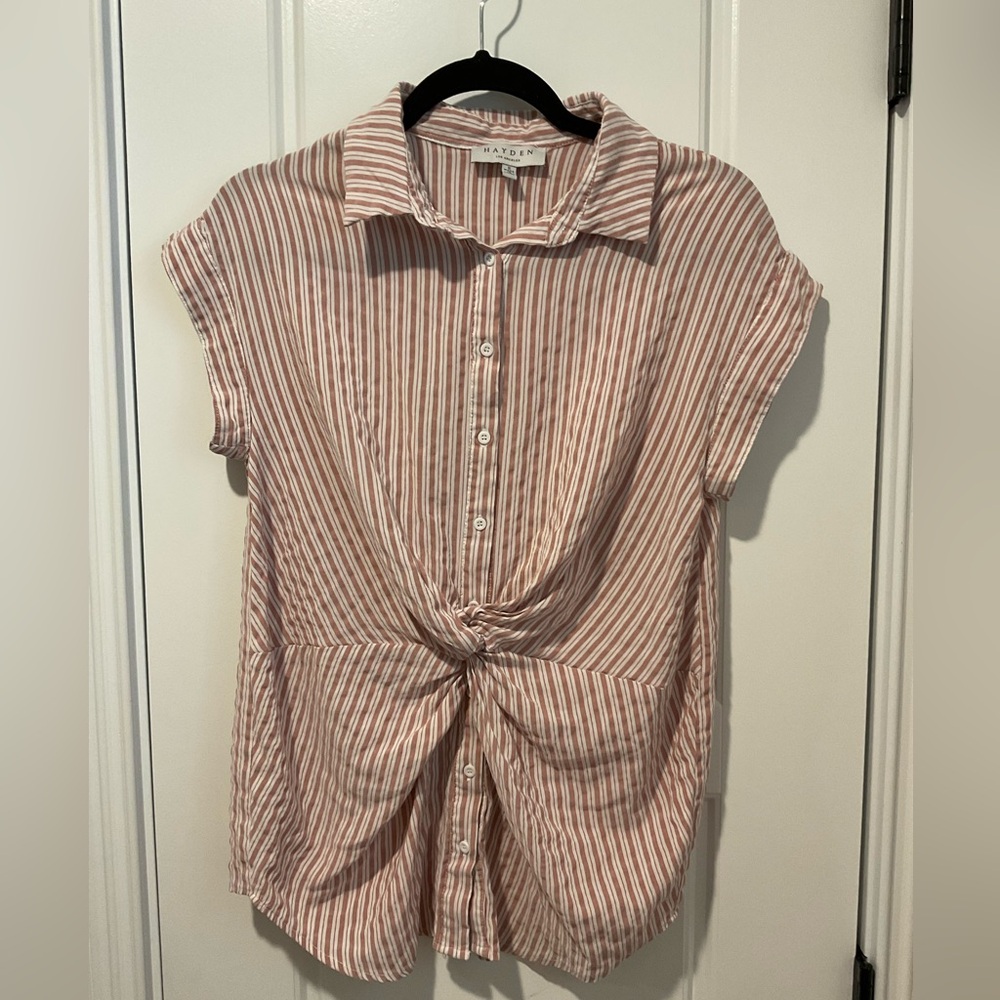 Hayden Los Angeles Cream/Blush Pink Striped Short Sleeve Button Up Blouse Size S